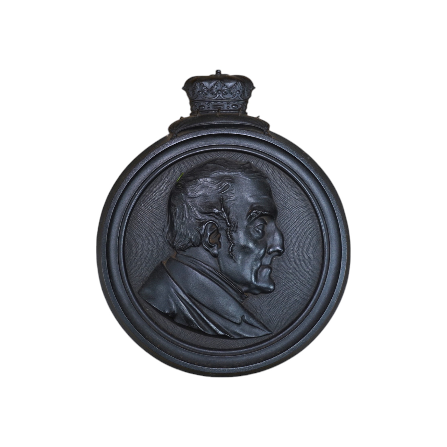A cast iron profile of the Duke of Wellington, inscribed verso 'Moulded by Jobson's Patent Process, Litchurch, Derby, Registered No. 3, 13th November 1854'. Condition - good